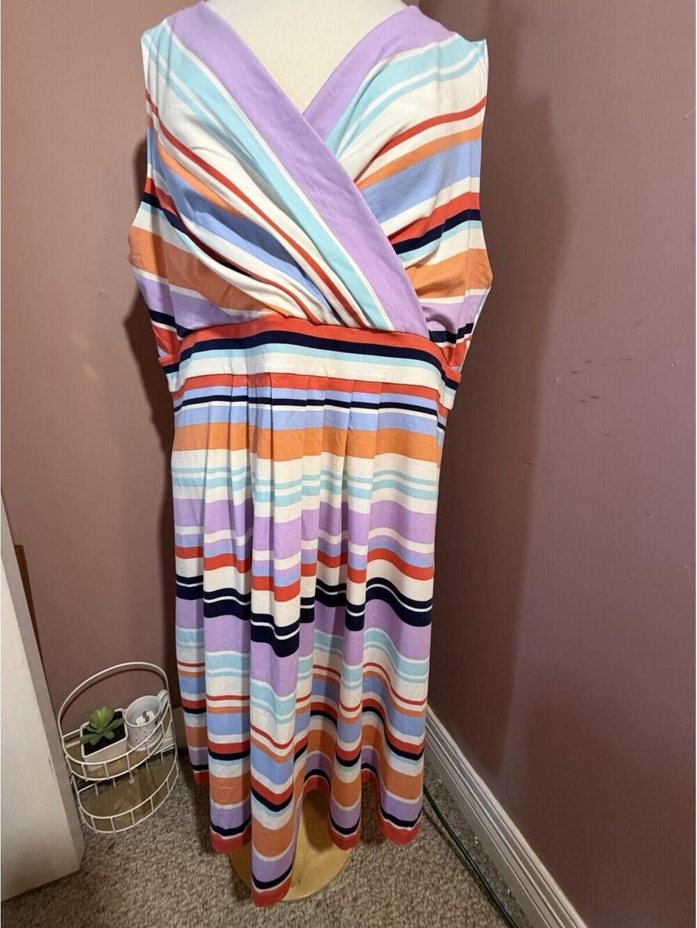 Lands End Sleeveless V Neck Fit & Flare Dress Womens 2X Multi Stripe New